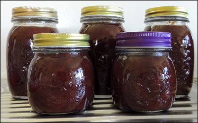 Some of the jars of jam.  You can see the lovely dark colour it becomes, from even using yellow-fleshed plums... 